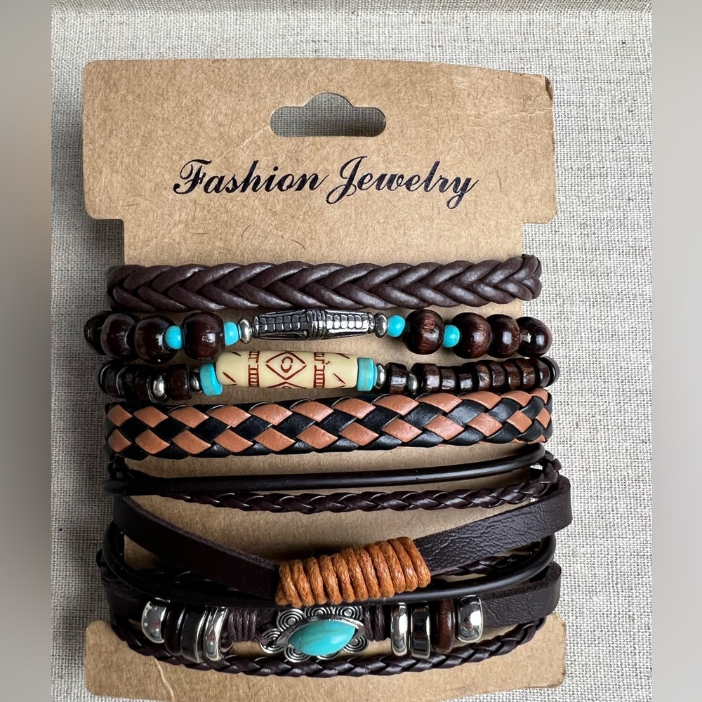 Unisex Boho Western Fashion Jewelry Multi Stone & Material Bundle of 6 Bracelets